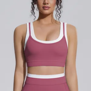 Soutien-gorge de sport faux deux pièces pour femme, top de yoga côtelé, fitness course gym.