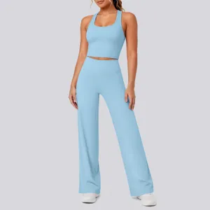 Einfarbiges, doppelseitiges Nylon Racerback Yoga Set, enges Fitness Lauf Zweiteiler Outfit.