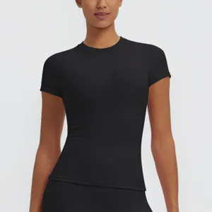 Women's black short sleeve fitness sports t-shirt detail view showing slim fit and round neck.