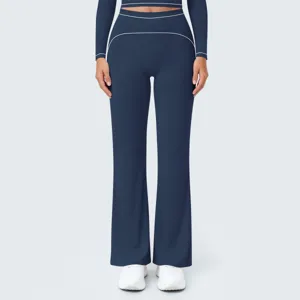 Dark blue high waist flare yoga pants detail, contrast white trim athletic trousers fitness.
