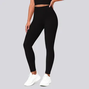 High-waisted black yoga leggings detailed view, showing stretchable fabric and body-shaping fit.