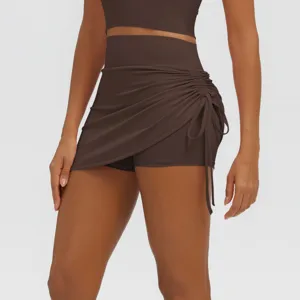 High-waisted ruched faux two-piece yoga skort athletic fitness running shorts for women.