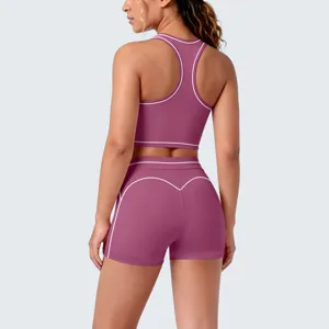 Detailed view of the contrast piping sports bra and shorts yoga set, showcasing the racerback design.