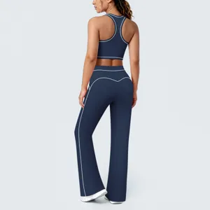Ensemble de yoga à lignes contrastées sport fitness pantalon évasé et soutien-gorge de sport