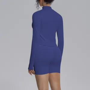 Seamless solid color long sleeve athletic top and shorts activewear set, back view detail.
