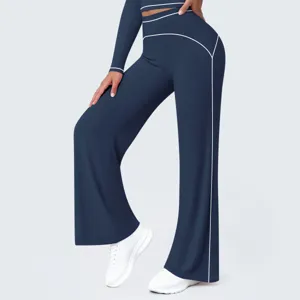 High-waisted contrast piping wide-leg yoga pants and active long sleeve top set for women.