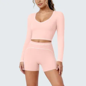 Women Long Sleeve Crop Top And High Waist Shorts Yoga Set Athletic Fitness Gym Activewear