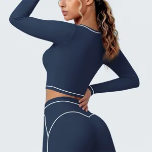 Damen nahtlose sportliche Langarm Crop Top Fitness Laufen Yoga Kleidung atmungsaktive Activewear