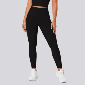 High-waisted black yoga leggings for women, stretch fitness pants for running and gym workouts.