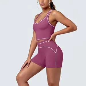 Contrast piping brushed yoga set featuring a comfortable racerback sports bra and matching shorts.