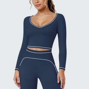 Dames sportkleding set lange mouw crop top en legging fitness gym yoga donkerblauw