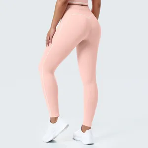 Mallas deportivas rosas de tiro alto con costuras blancas, pantalon de yoga transpirable.