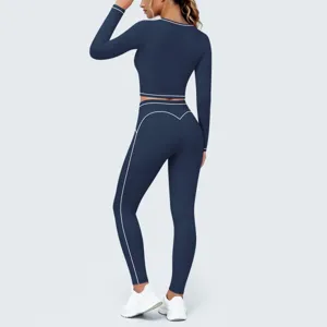 Women's contrast color long sleeve yoga set activewear gym crop top high waist leggings