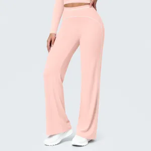 Pink high-waisted contrast piping wide leg yoga pants, casual sports fitness trousers.