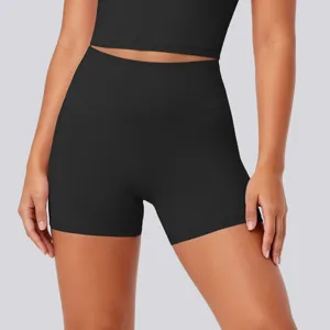 High waist tight yoga shorts, breathable nude fitness athletic workout shorts detail view.