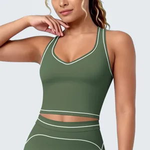 Groene sportbh met contrasterende bies, ademende fitness yoga crop top voor dames detail.