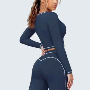 Damen Sportbekleidung Langarm Crop Top und hohe Taille Fitness Yoga Leggings Set dunkelblau.