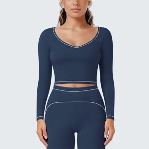 Nahtloses Langarm Sport Crop Top und Leggings Set für Damen, atmungsaktive Fitness Yoga Kleidung.