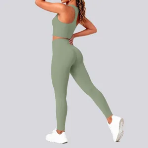 Seamless ribbed yoga set fitness activewear high waist leggings sports bra workout gym two piece