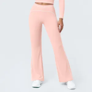Women pink high waist flare yoga pants activewear fitness casual long trousers new.