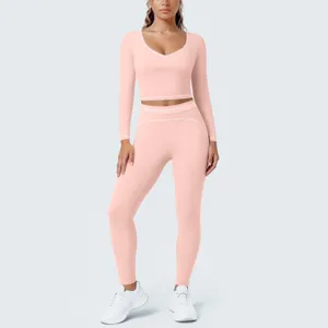Women's pink long sleeve crop top and leggings yoga set fitness activewear sportswear