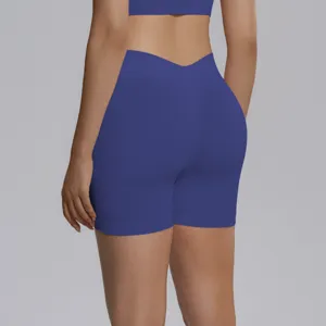 Back detail view of seamless high waist V-waist yoga shorts, blue athletic fitnesswear.