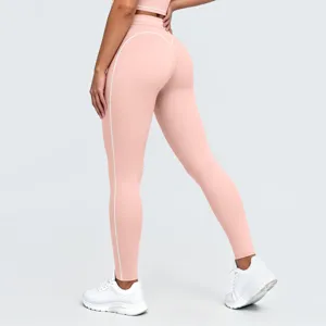 Mujer talle alto rosa pantalones de yoga leggings fitness vista detallada con ribete blanco