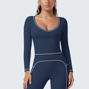 Nahtloses Kontrastpaspelierung Langarm Sport Oberteil und Leggings Set fur Damen Yoga Fitness