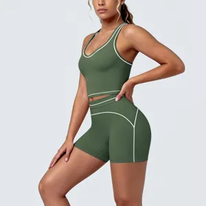 Detail view of the contrast racerback yoga crop top and matching fitness shorts.