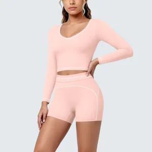 Women's two-piece yoga set long sleeve crop top and shorts activewear sportswear fitness gym