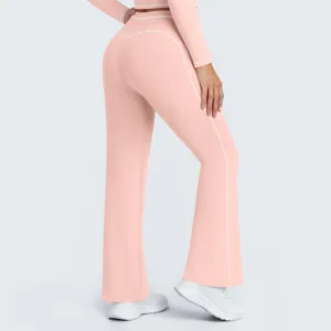 Pink activewear pants detail, high waist and white contrast piping, back view yoga wear.
