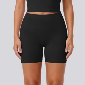 High waist black yoga shorts, tight fit, soft and breathable fabric for fitness and running.