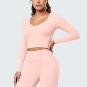 Rosa kontrastierende Paspelierung Langarm Sport Crop Top und Leggings Fitness Yoga Set