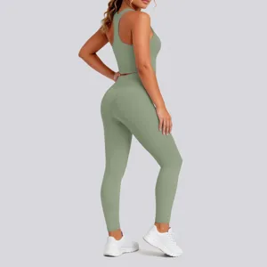 Details of the solid green activewear yoga set featuring a racerback crop top and stretch leggings.