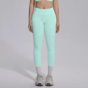 Seamless high-waist mint green yoga leggings for women, breathable fitness and running sportswear.