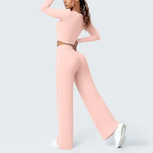 Rosa kontrastlange Ärmel Crop Top weite Beine Yoga Hose Set Sportbekleidung Fitness