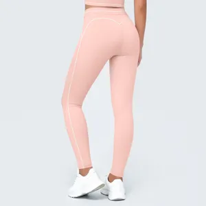 Mallas deportivas rosa de tiro alto con ribete blanco, vista trasera para fitness.