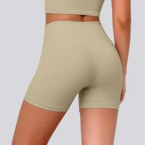 Detail view of high-waisted seamless yoga shorts, offering breathable comfort and stretch.