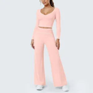 Rosa langarm Crop Top weite Hose Yoga Set kontrastierende Bänder Fitness Sportbekleidung