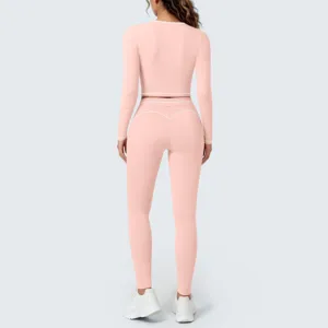 Pink long sleeve crop top yoga set detailed back view fitness wear athletic sportswear