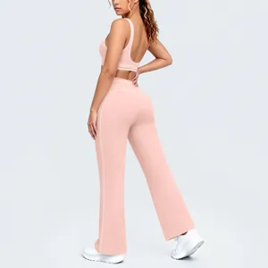 Dettagli di pantaloni yoga a zampa rosa e set reggiseno sportivo super elasticizzato.
