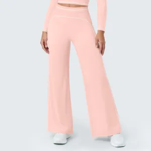 High-waisted wide-leg activewear pants in pink with white contrast piping for women fitness day.