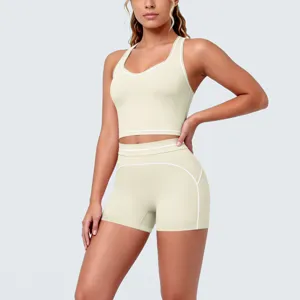 Contrast trim racerback sports bra and tight shorts activewear gym yoga set product details.