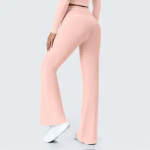Pink high-waisted flared yoga pants activewear set with white contrast piping for women.