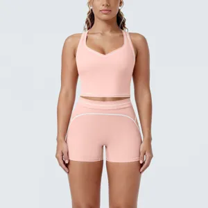 Women contrast piping yoga set fitness workout crop top and high waist shorts activewear