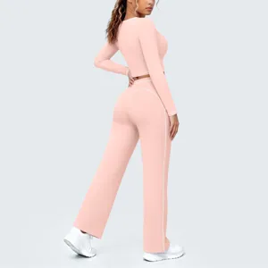 Rosa Langarm Crop Top und bequeme weite Hosen Sportset Fitness Workout Outfit Detail