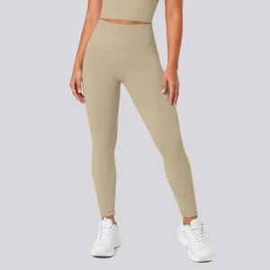 High waist seamless yoga leggings in solid khaki color, stretchy fitness workout pants.