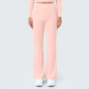 High-waisted pink flared yoga pants with stylish white contrast piping for workout and fitness.