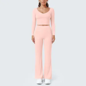 Rosa Kontrastbesatz langärmliges Crop-Top und ausgestellte Yoga-Hose Sportswear-Set.