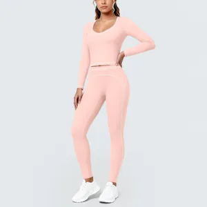 Contrast brushed low-neck slim yoga set for women, ideal for fitness and running workouts.
